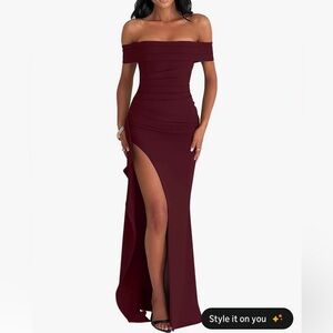 Elegant Off-Shoulder Burgundy/Wine red Dress with high slit
